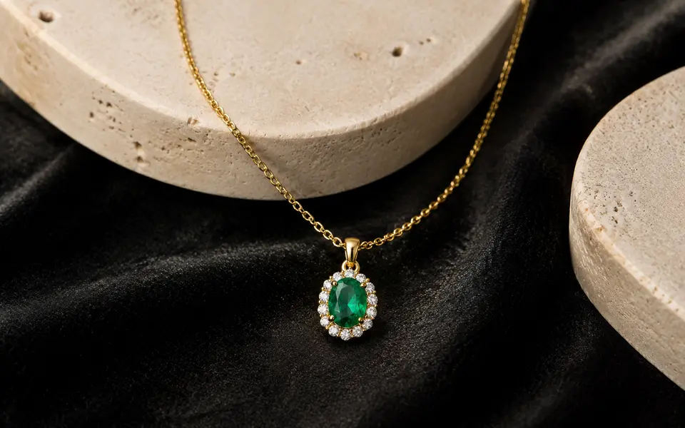 Oval emerald and diamond halo pendant on black silk