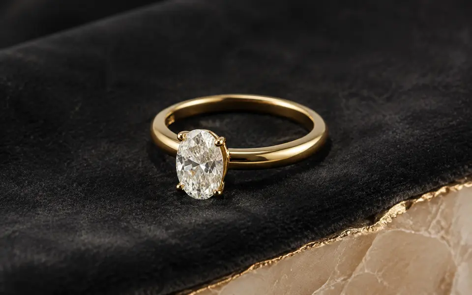 Oval diamond solitaire ring in yellow gold on charcoal velvet