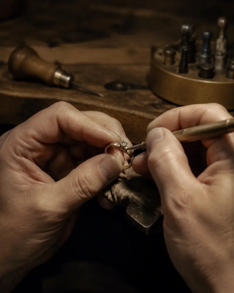 Jeweler carefully setting a gemstone by hand